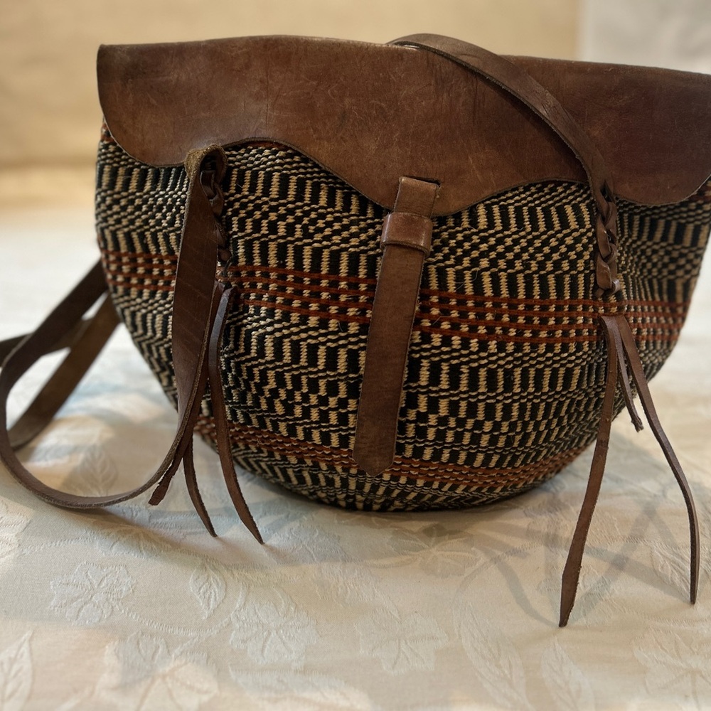 Brown and Black Woven Sisal and Leather Shoulder Bag